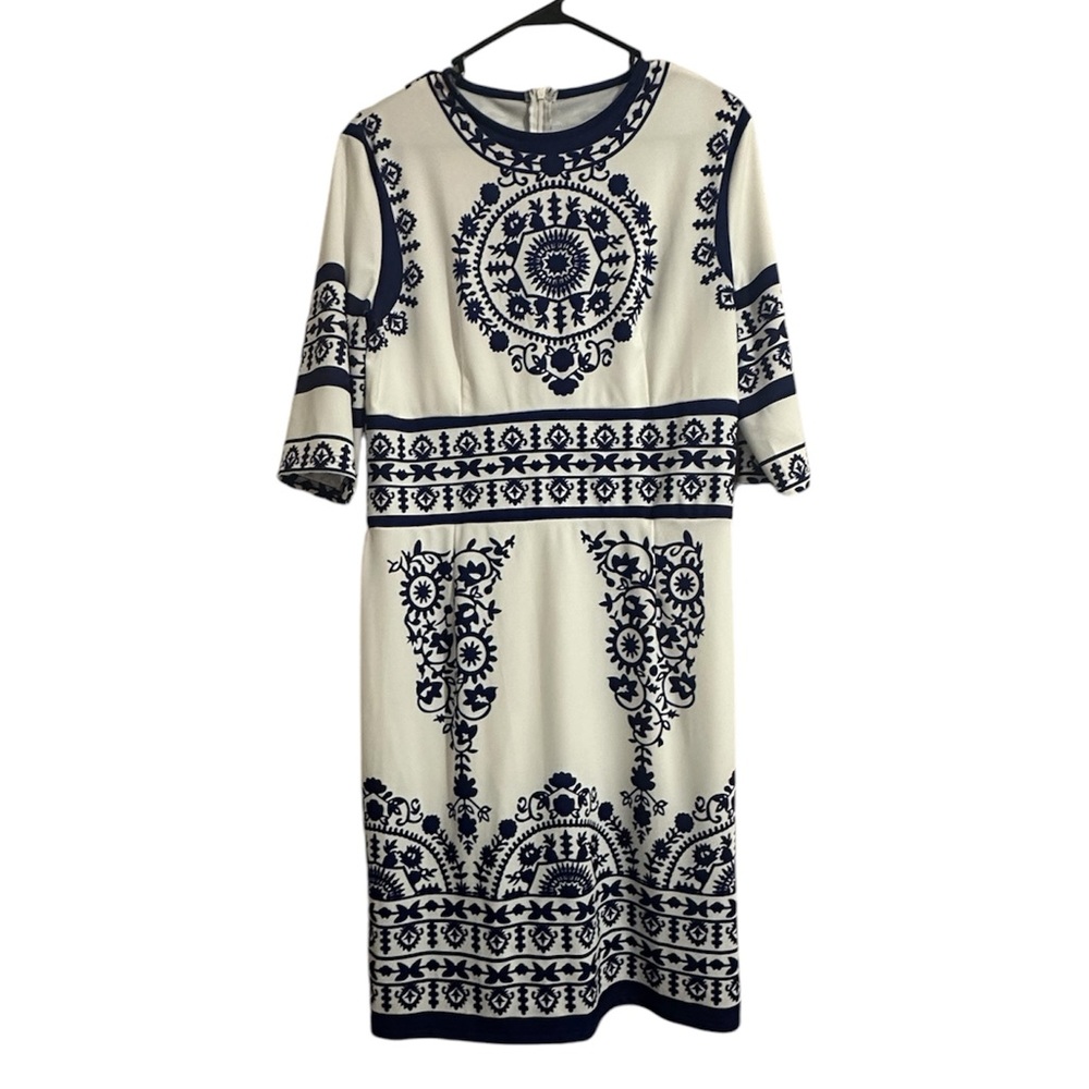 Floerns Women's Porcelain Print Sheath Pencil Dress XL white and blue
